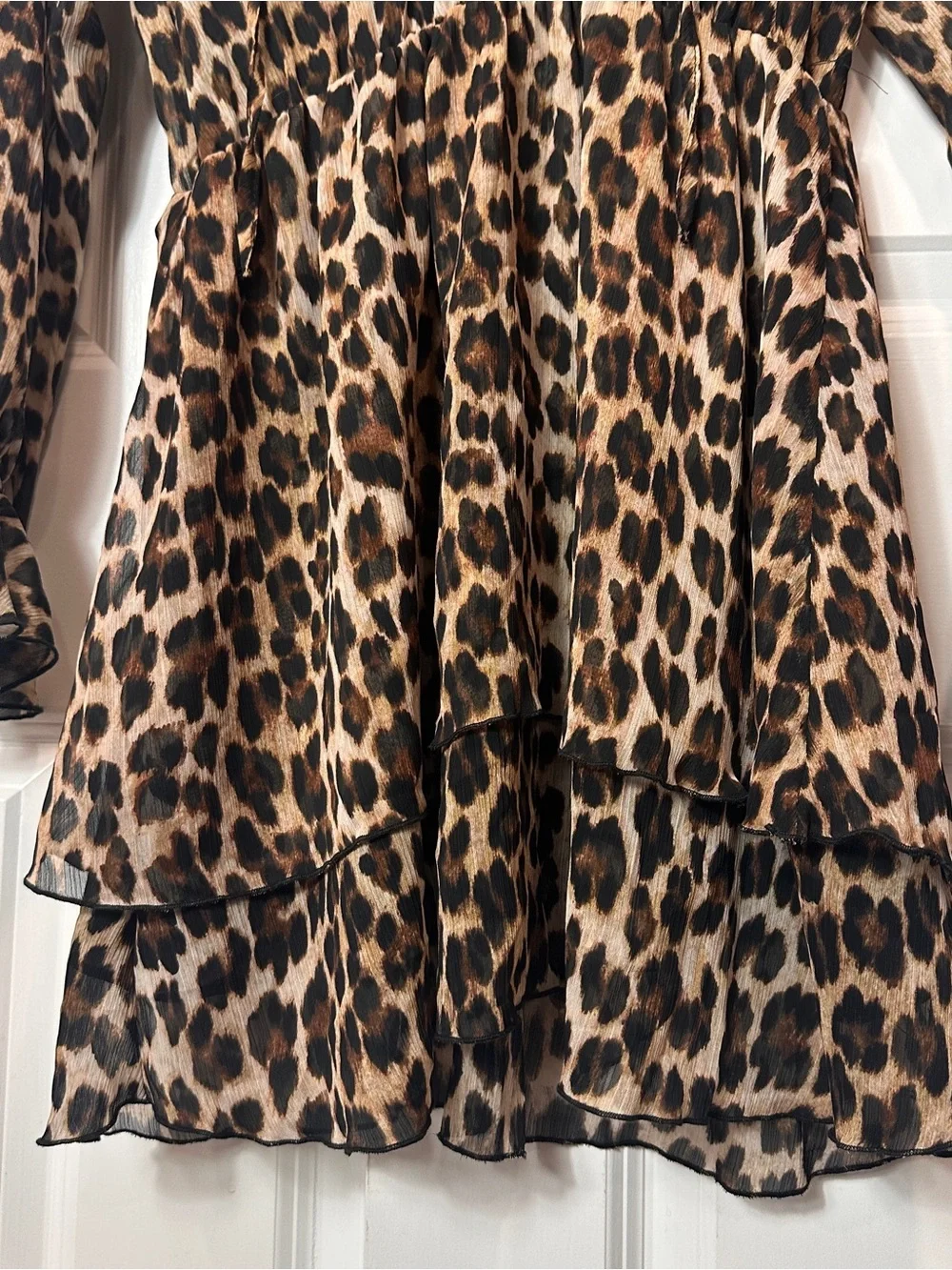 MNG Leopard Print Ruffled Long Sleeve Dress - Brown/Tan/Black - Picture 5 of 12